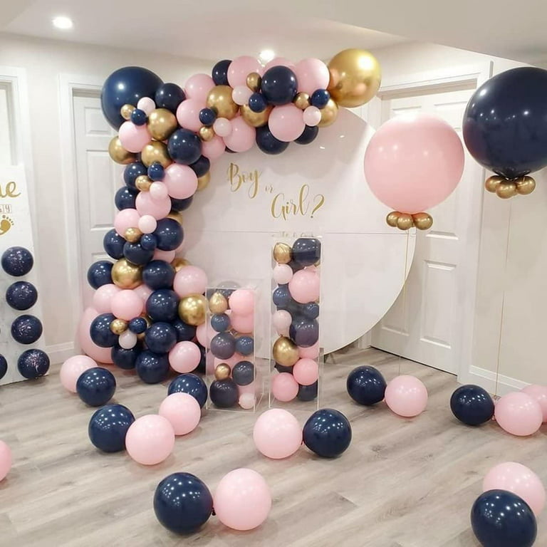 Gender Reveal Decorations Include What Will Baby Be Photography Backdrop  Banner Navy Blue and Blush Pink Balloons Kit for Boy or Girl Baby Shower
