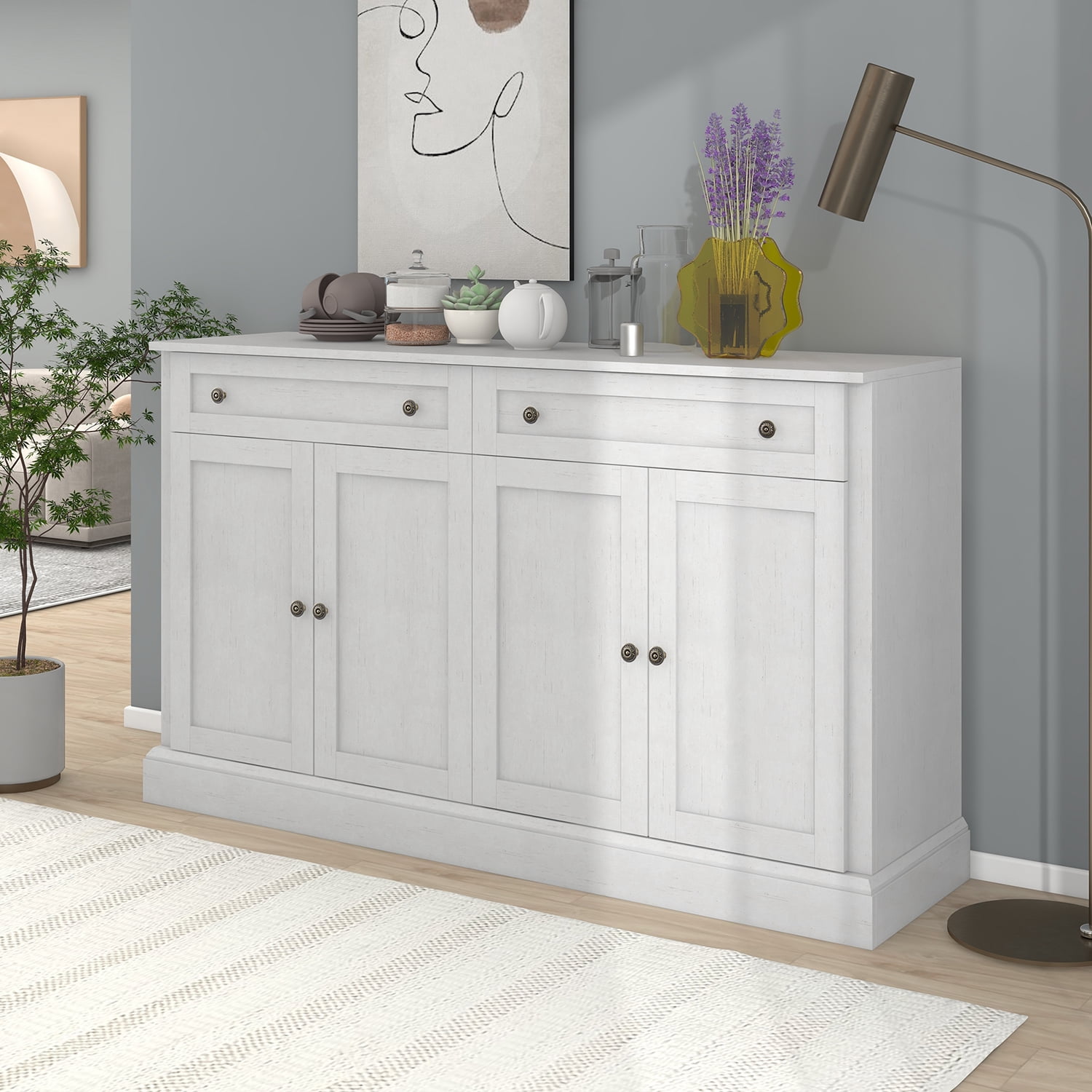 Kadyn Kitchen Sideboard Storage Buffet Cabinet, Modern Farmhouse Storage Cabinet with 2 Drawers & 4 Doors, Floor Cabinet Cupboard for Dining Room, Antique White Kadyn Kitchen Sideboard Storage Buffet Cabinet, Modern Farmhouse Storage Cabinet with 2 Drawers & 4 Doors, Floor Cabinet Cupboard for Dining Room, Antique White