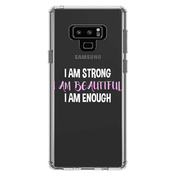 DistinctInk Clear Shockproof Hybrid Case for Samsung Galaxy Note 9 - TPU Bumper Acrylic Back Tempered Glass Screen Protector - I Am Strong I Am Beautiful I Am Enough