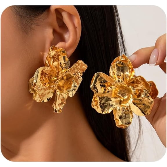 Big Gold Flower Statement Earrings for Women,Exaggerated Chunky Floral Dangle Drop Earrings,Trendy Chic Statement Earrings Aesthetic Jewelry