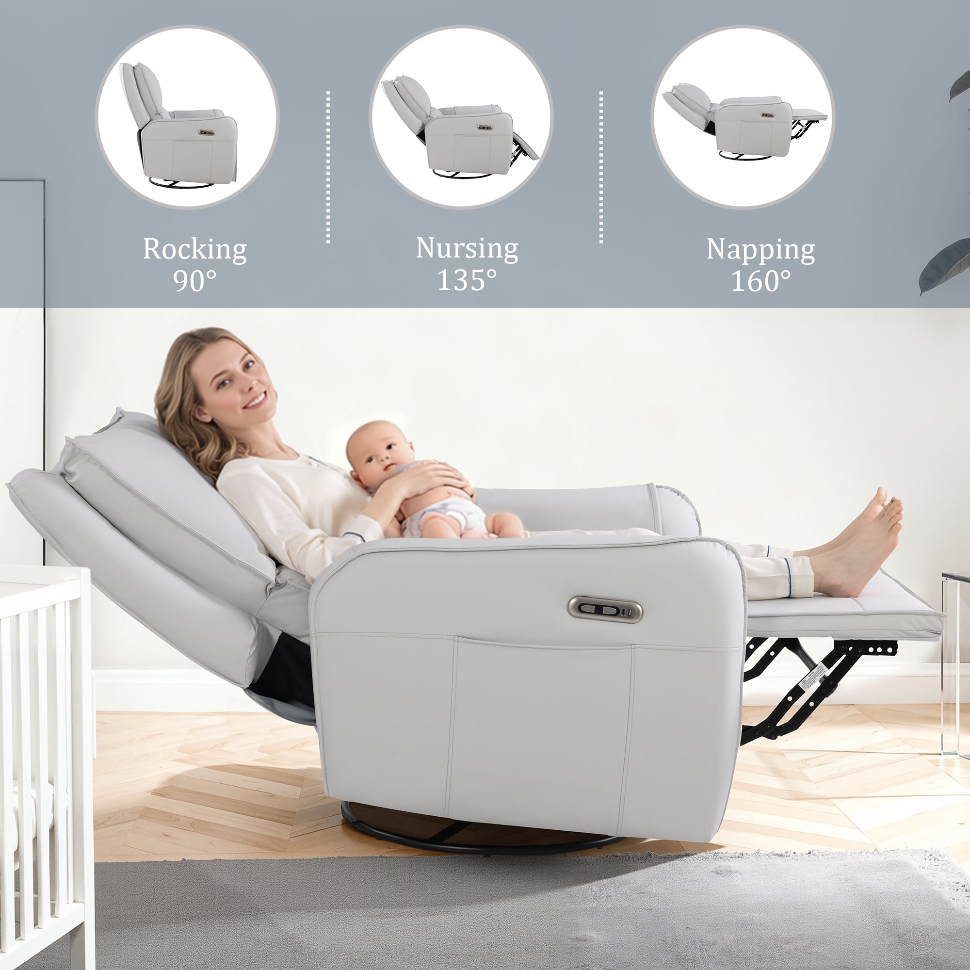 Power Recliner Rocking Chair Nursery Gliders, Electric Swivel Rocker Recliner Chair, Comfy Upholstered Living Room Reclining Chairs with Lumbar Support