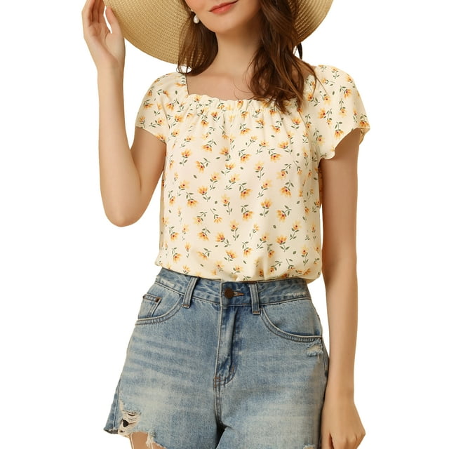 INSPIRE CHIC Hauts d'Été à Manches Courtes à Imprimé Floral pour Femmes Jaune P