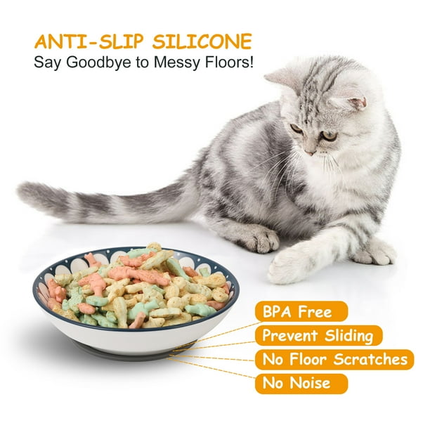 Small Ceramic Cat Food Bowl Wide Shallow Cat Bowl with Non Slip Mat Whisker Friendly Cat Feeding Bowls Japanese Style Cute Cat Dish Cat Plates Dishwasher Safe