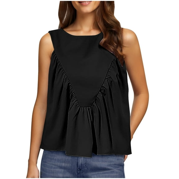 Jalioing Women's Tank Tops Casual Loose Pleated Sleeveless Shirts Crew Neck Solid Color Fashion Basic Tops