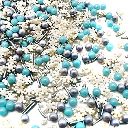 Wintertime Magic - 4 Oz Resealable Bag - Christmas Themed Sprinkles - Featuring White Snowflakes, Silver Jimmies, Silver Pearls and Baby Blue Pearls - Cake and Ice Cream Sprinkles