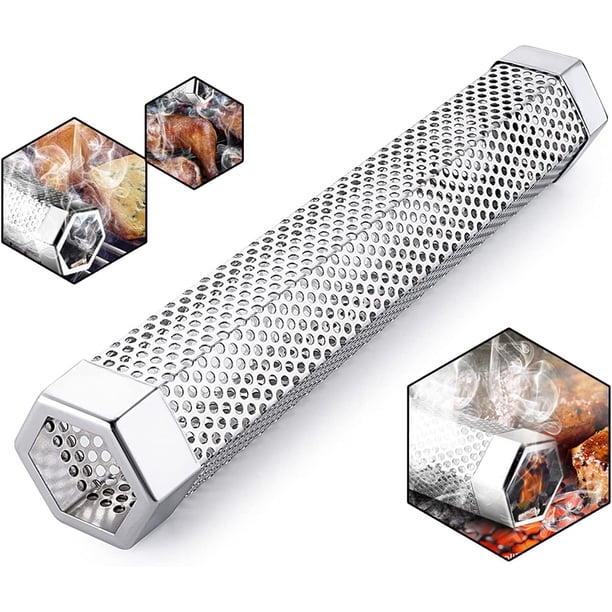 Tubo ahumador de pellets con sabor ahumado mejorado, portátil para exteriores, para ahumado en caliente y frío, cesta de parrilla de acero inoxidable para asar fácilmente (paquete de 2)