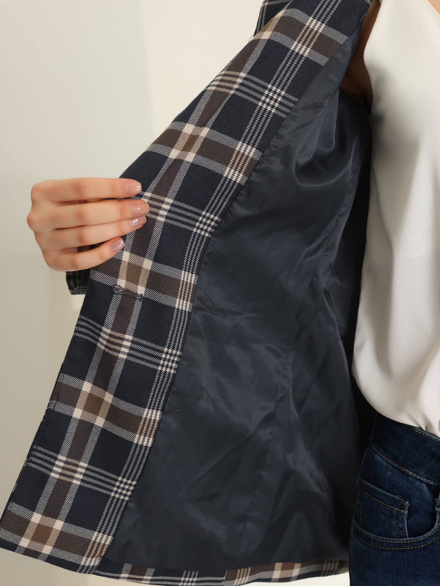 DARING DIVA Women's Boyfriend Notched Lapel One Button Blazer Suit Plaid Blazer Jacket S Dark Blue