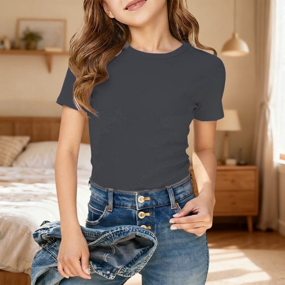 Teen Girls Short Sleeve T-shirt Summer Ribbed Raglan Sleeve T Shirt Crew Neck Fitted Casual Basic Tee Kids Junior Cotton Top,Dark Gray,120