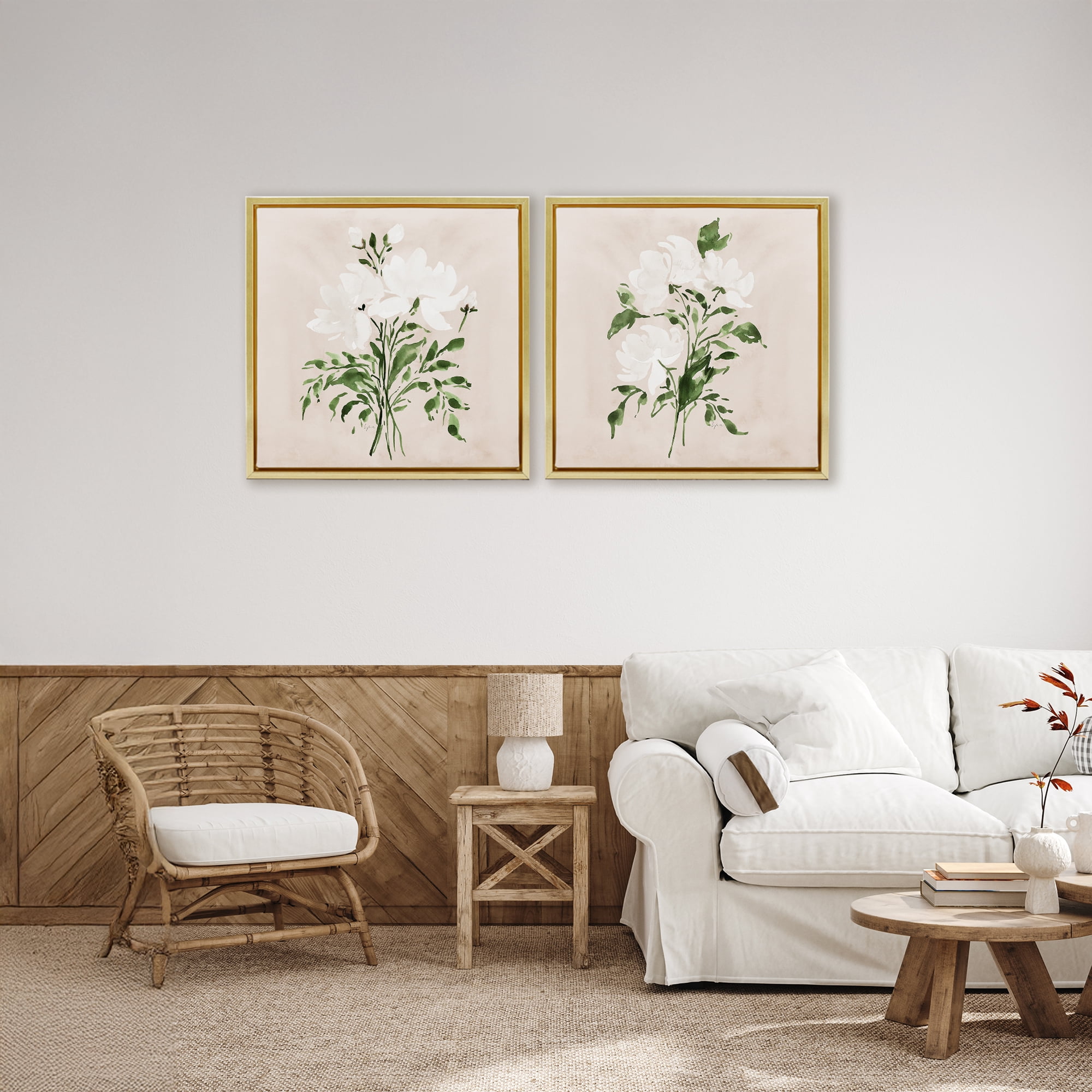 Stupell Industries White On Tan Botanicals 2 Piece Gold Framed Floater Canvas Set, design by Lucille Price