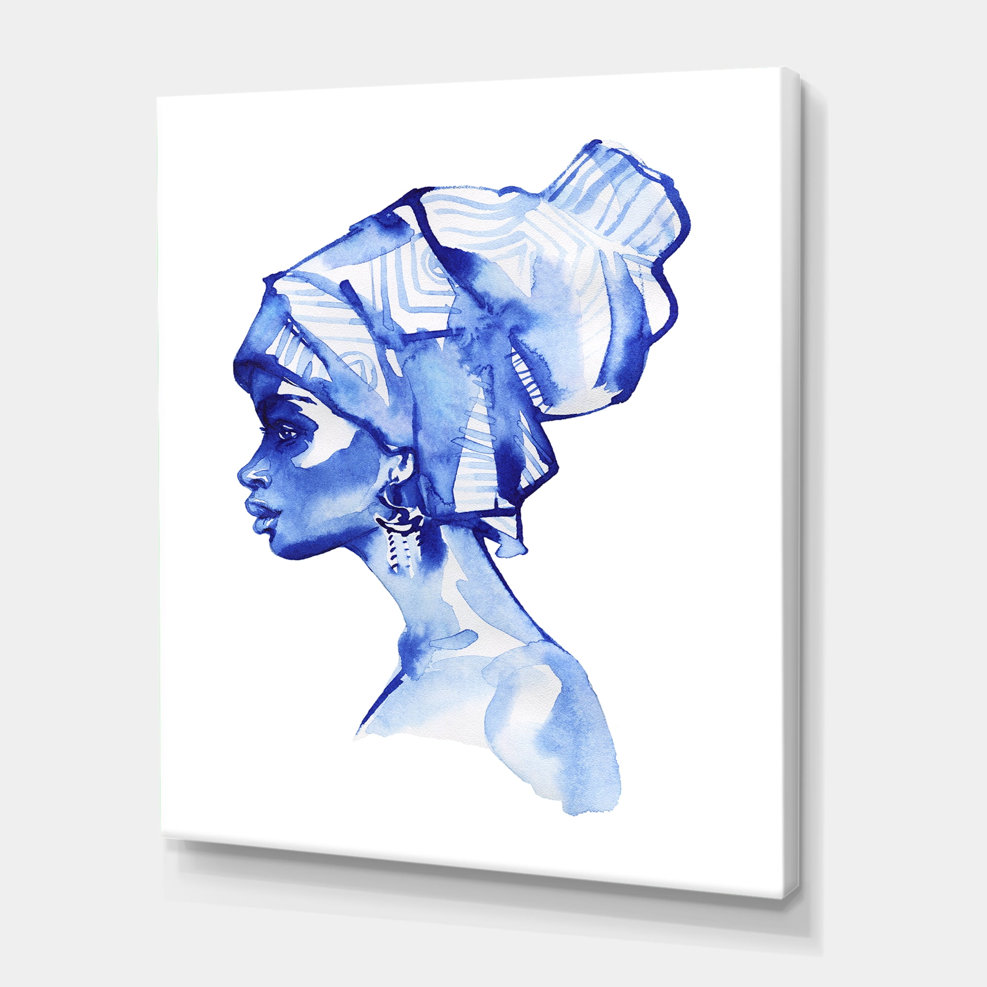 Afro American Woman Blue Fashion Portrait 30 in x 40 in Painting Canvas Art Print, by Designart