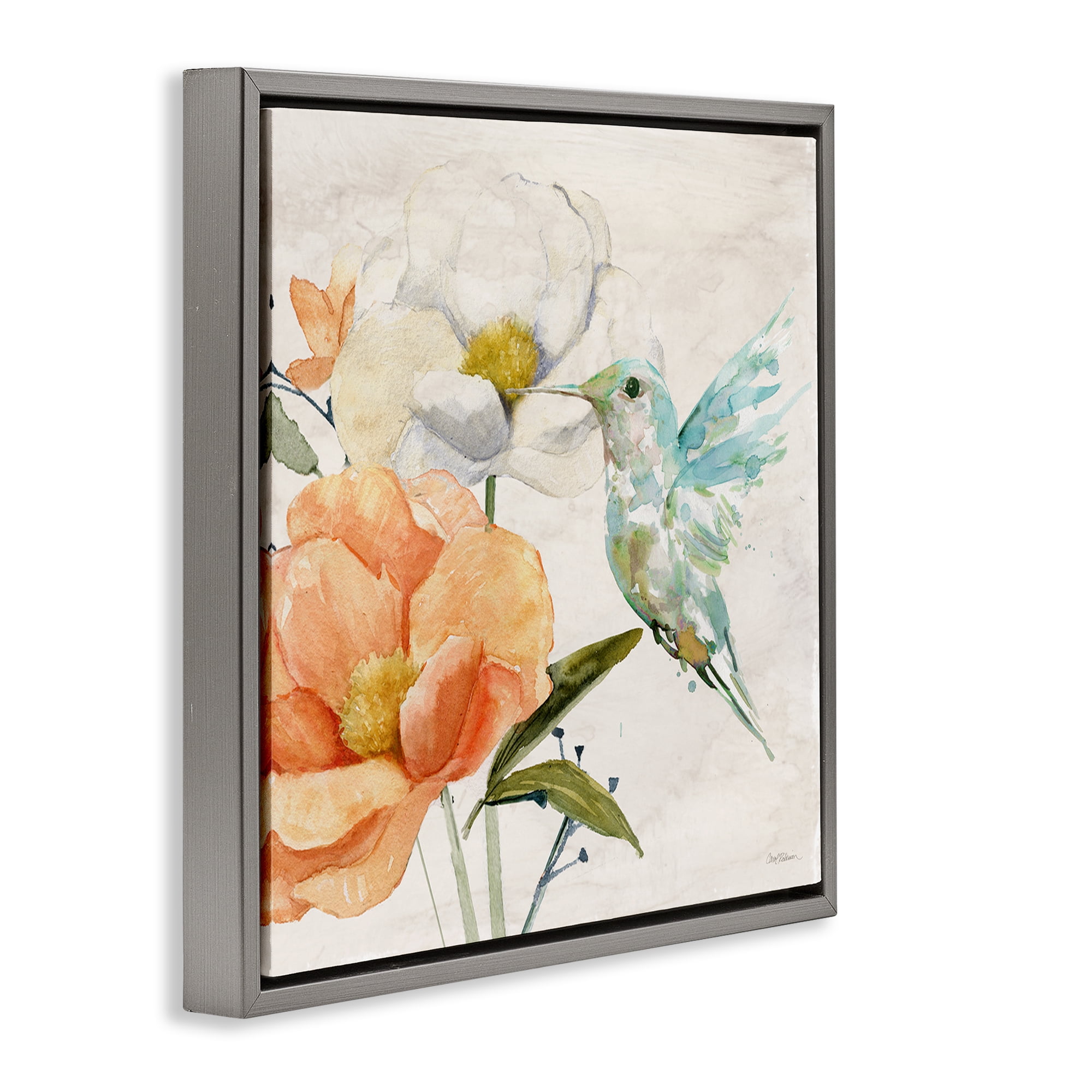 Stupell Industries Hummingbird & Flower Nectar Plants & Flowers Painting Gray Floater Framed Canvas Art Print Wall Art, 25 x 25