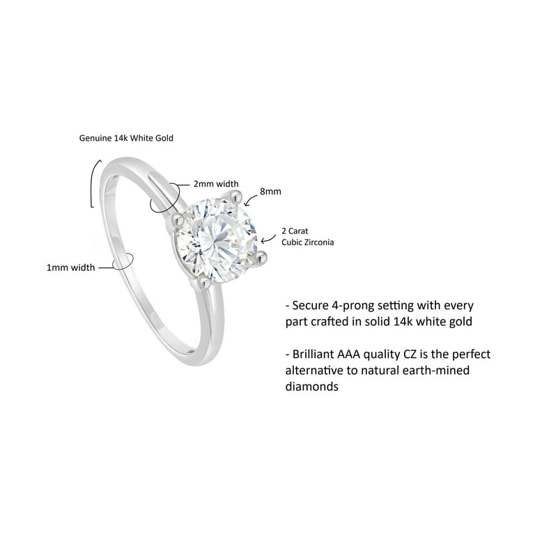 2 Carat Round Cubic Zirconia Solitaire Engagement Ring for Women in 14k  White Gold 4-Prong Setting CZ Ring Size 7 by MAX + STONE 