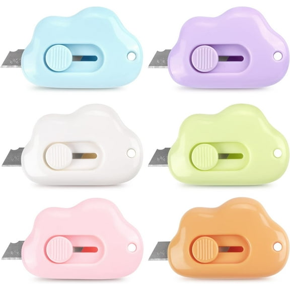 6 Pack Mini Box Cutter Cloud Utility Retractable Art Knives Letter Opener Envelope Slitter, Cloud Shaped Carton Portable Cutter with Key Chain Hole