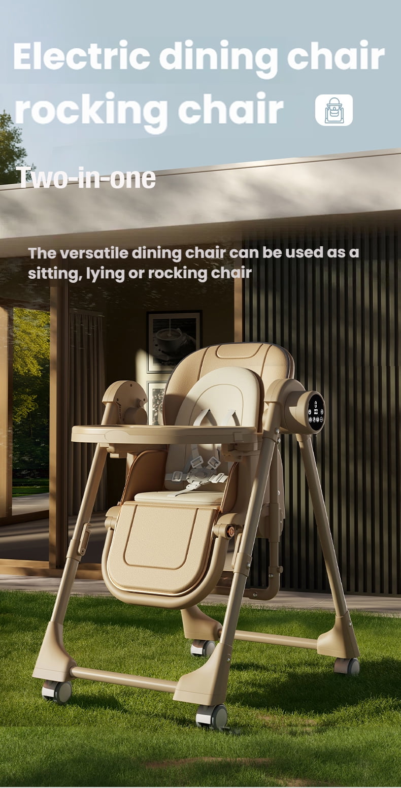 Electric Baby High Chair & Baby Swing Adjustable Height for Eating,Portable ,Folding Baby Dining Chairs with Detachable Double Trays, Unisex,KHAKI