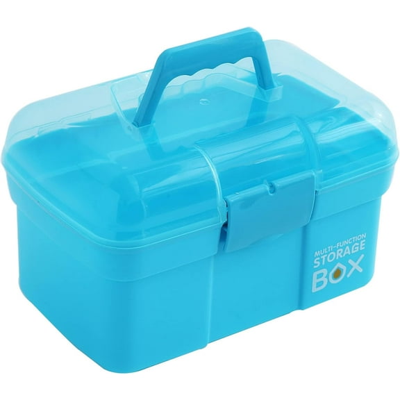 Kinsorcai 11'' Plastic Storage Box with Removable Tray, Multipurpose Organizer and Storage Case for Art Craft and Cosmetic (Blue)