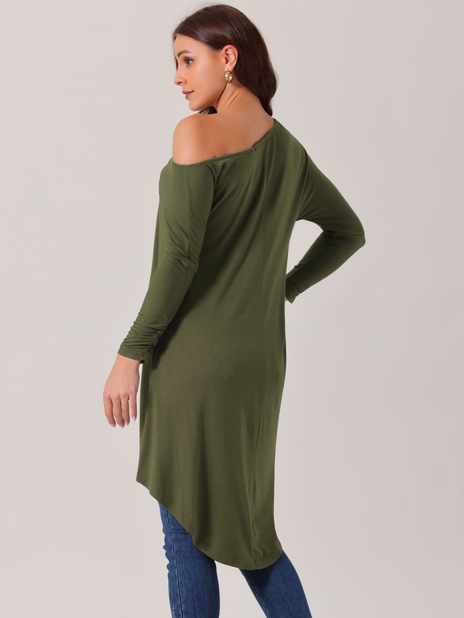 DARING DIVA One Shoulder High Low Irregular Hem Top L Army Green