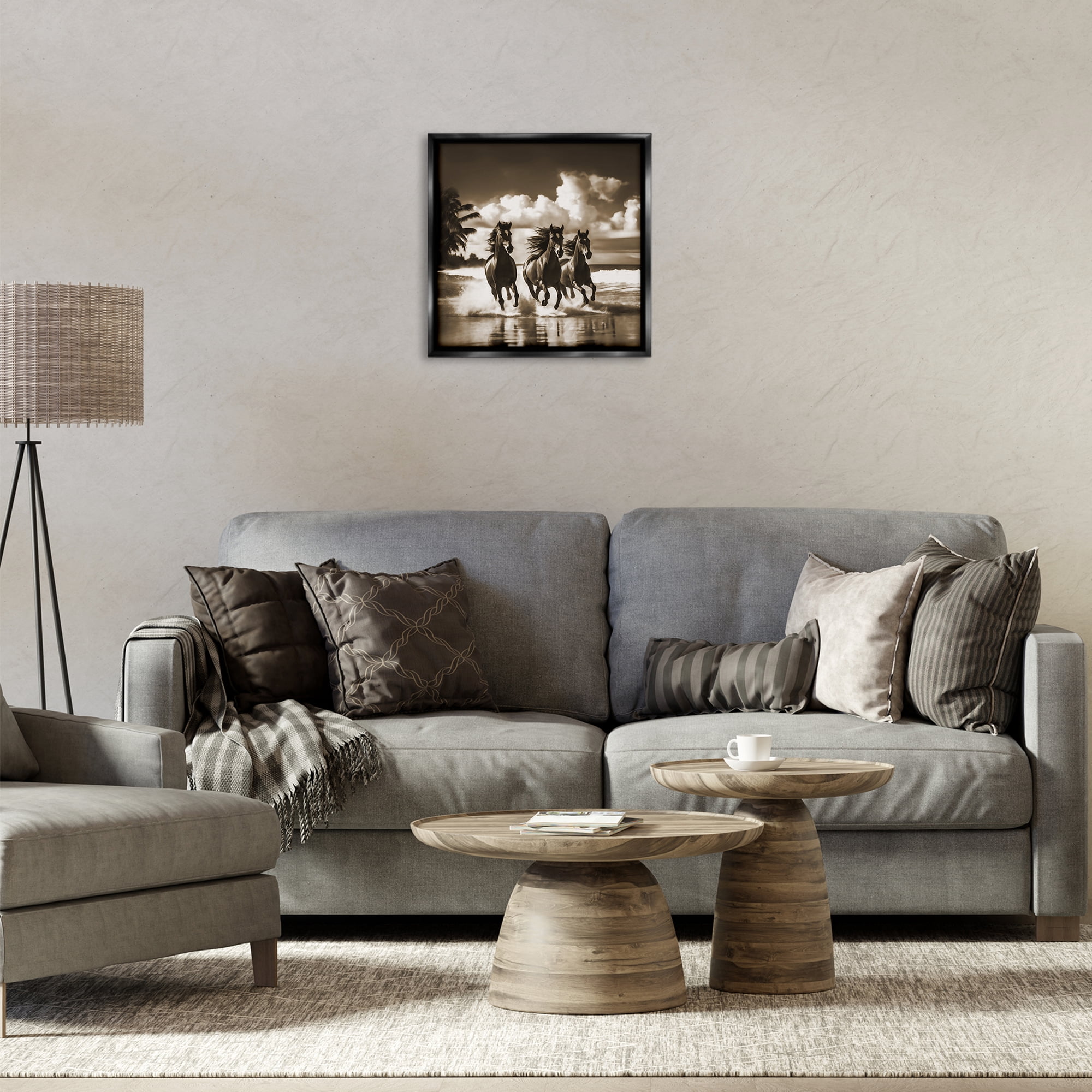 Stupell Industries Sepia Stallions Galloping Landscape & Nature Painting Black Floater Framed Canvas Art Print Wall Art, 18 x 18