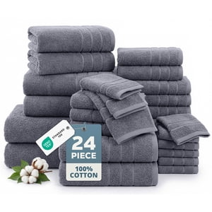 Casa Platino 100% Cotton Towel Set, 24-Piece Cool Grey