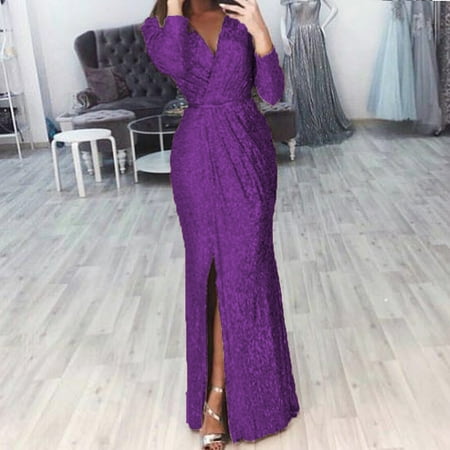 

Women Deep V Neck Sequin Dress with Slit Long Sleeve Club Party Evening Dress For Women Lady