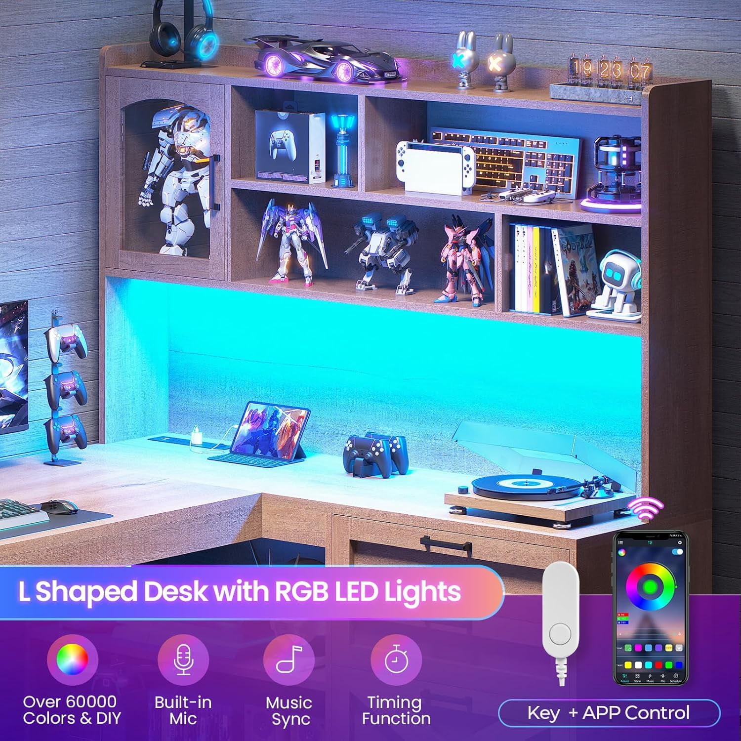 SEDETA Farmhouse L Shaped Office Desk with Storage, 61 Inch Large Computer Desk with 3 Drawers, 11 Open Shelves and Power Outlet, Corner Gaming Desk with LED Light and Display Cabinet, Natural