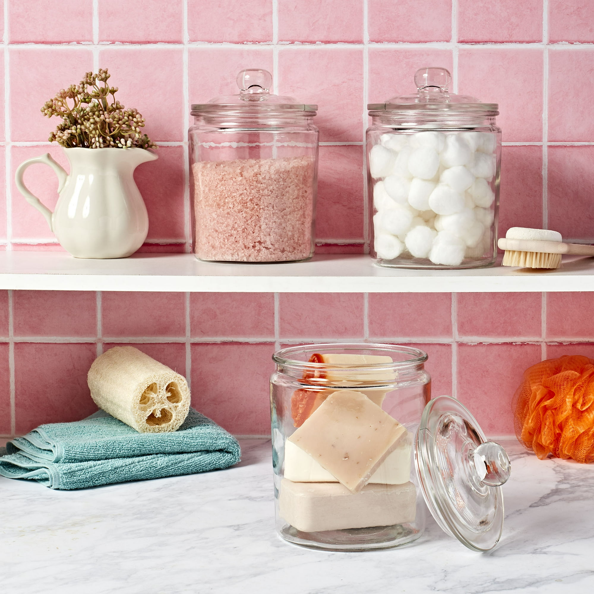 Mason Craft & More Set of 3 Airtight Large Glass Apothecary Jars with Lids, Clear Classic Mason Storage Canisters, 2 Liter (64oz)