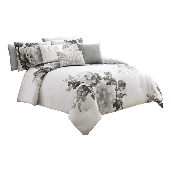 7 Piece Cotton King Comforter Set with Floral Print, Gray and White
