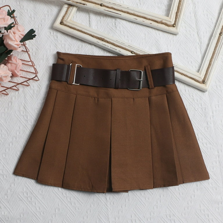 Aayomet Womens Skirts Women with belt pleated half skirt short skirt high  waist A-line umbrella skirt half skirt,Coffee Large 