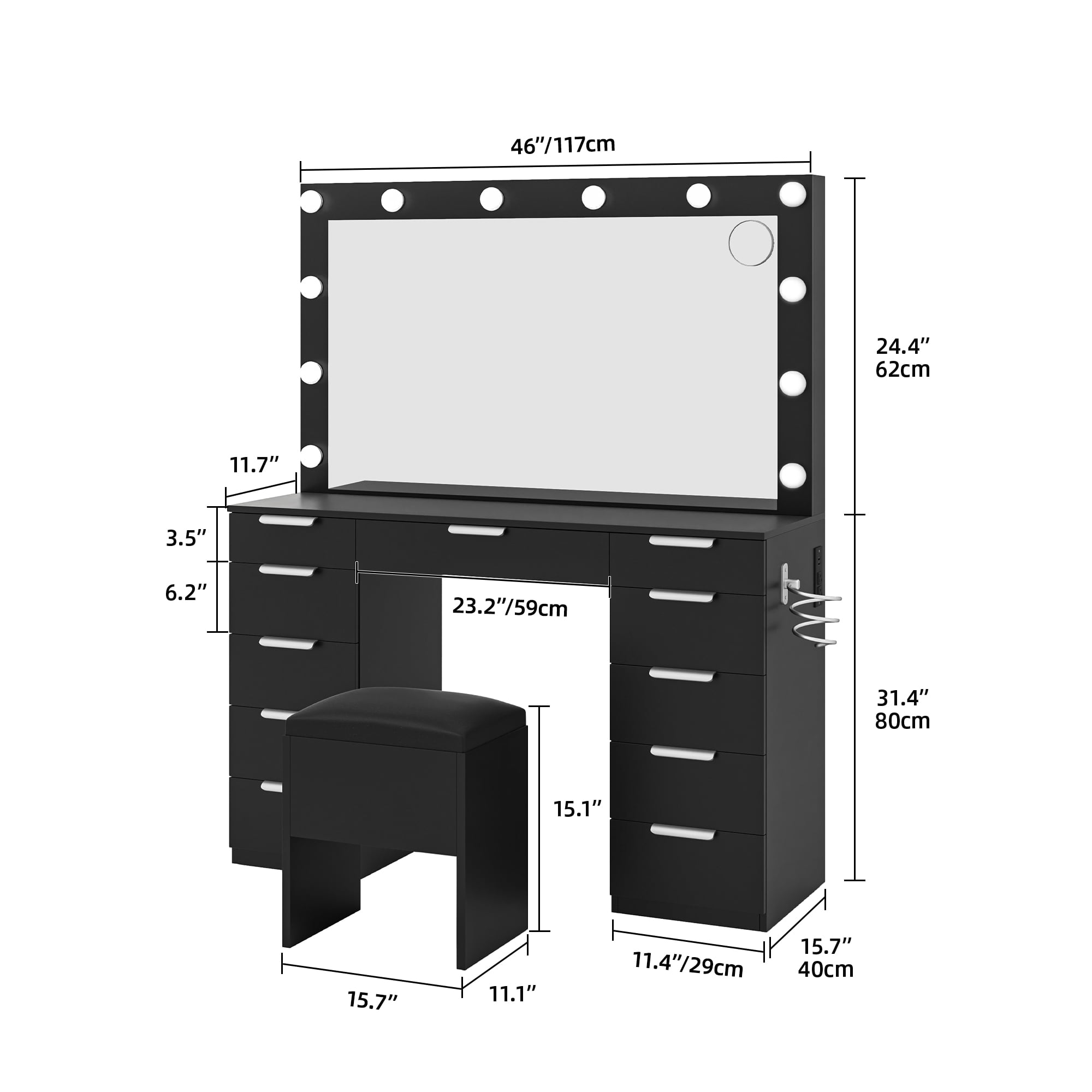Uforic Adult 11 Drawer Vanity Set with Adjustable Lighted Mirror and Charging Station