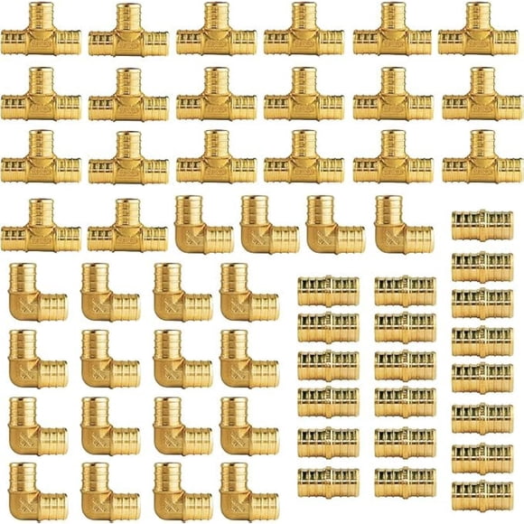 WiseWater 60 Pcs Pex Fittings, 3/4 inch T PEX Tee(20PCS) & 90 Degree Elbow(20PCS) & Straight Coupling(20PCS), Brass Barb Crimp Pipe Fitting for Pex P