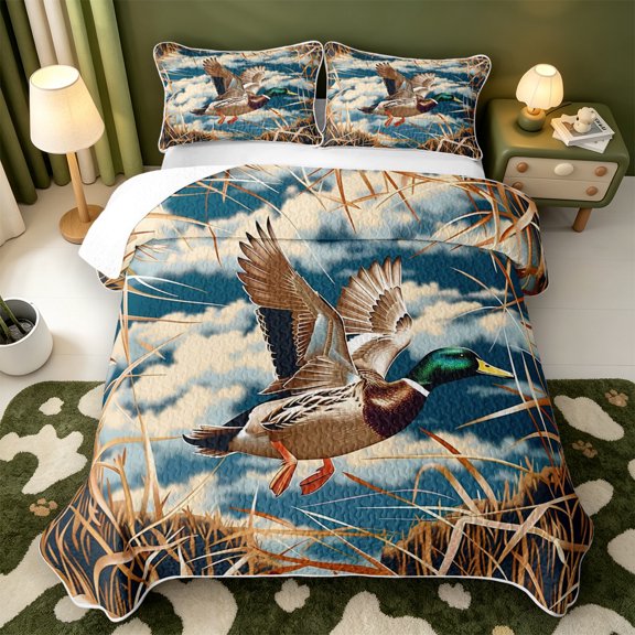 Manfei Green Billed Waterfowl Print Quilt Full,Farmhouse Wild Duck Full Bedspread Sets,3-Piece,1 Coverlet and 2 Pillowcases