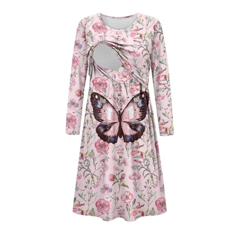 SCRAWLGOD Butterfly Flower Maternity Dress Long Sleeve Nursing Dresses  Breastfeeding Size M Crew Neck Pregnancy Dresses for Women Baby Shower Loose  Ladies Maternity Dresses for Work - Walmart.com