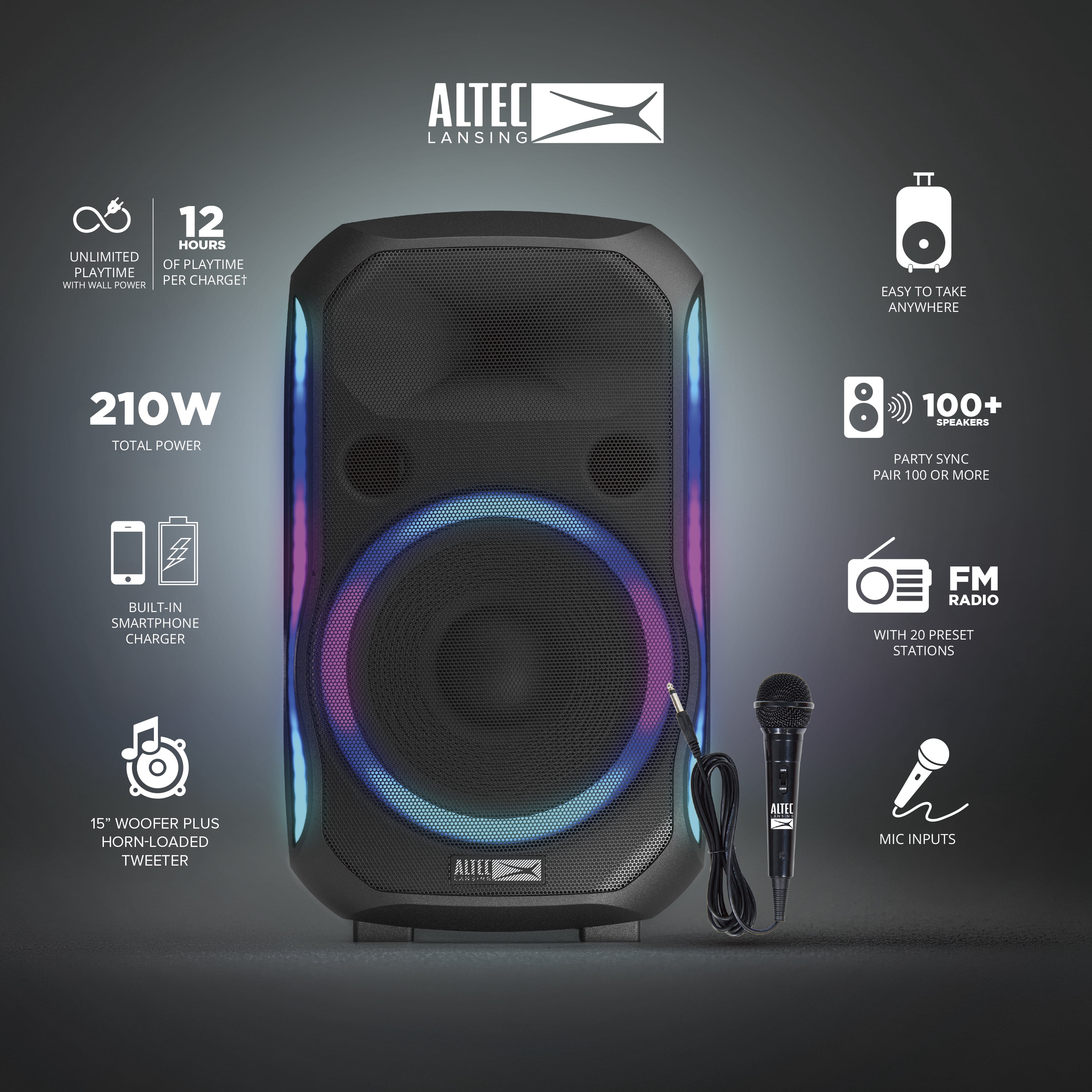 Altec Lansing 210W Portable Bluetooth Party Speaker, Party Sync (100+ Speakers), Multi-Channel Mixer, LED Lighting Effects, 12H Battery, Wheels & Handle, Include Mic & Guitar Input