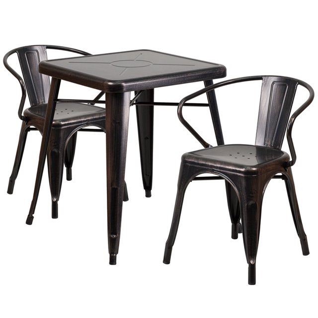 Juego de mesa Flash Furniture de metal dorado antiguo y negro cuadrado de 23,75' con 2 sillones