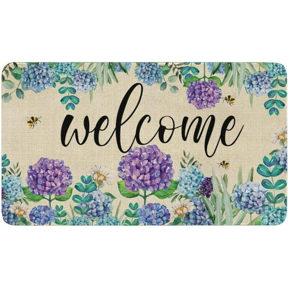 Spring Summer Door Mat,Hydrangea Bee Flower Floral Indoor Outdoor Non-Slip Doormat,Entryway Front Porch Farmhouse Spring Welcome Door Mat Colorful for Entrance Decor,30" x 17"