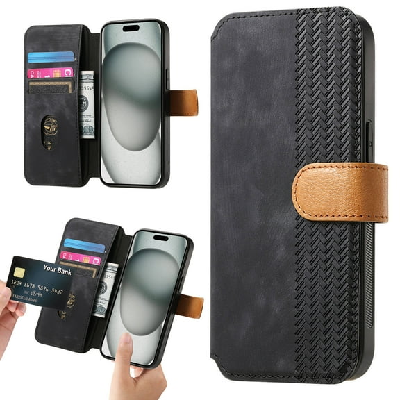 ELEHOLD Case for iPhone XR,Leather Wallet RFID Blocking Case with Wrist Strap & Card Holder Stand,Black