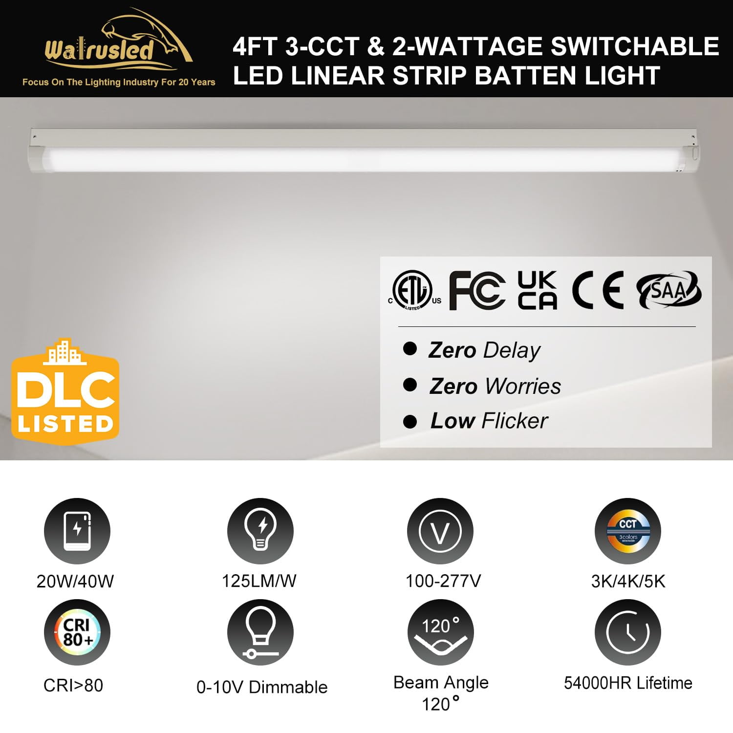 4FT LED Linear Strip Stairwell Light, 20W/40W CCT Selectable, 2500lm/5000lm 3000K/4000K/5000K, 100-277V, IP20, CRI 85, 0-10V Dimmable 4 Foot Commercial Linkable LED Shop Ceiling Light Fixture,ETL DLC