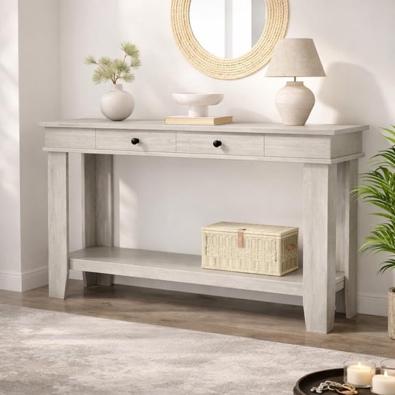 Modern Farmhouse Console Table with 2 Drawers and Open Shelf, Narrow Sofa Table for Entryway, Hallway, or Living Room, Anti-Wobble L-Shaped Leg Accent Table,Gray