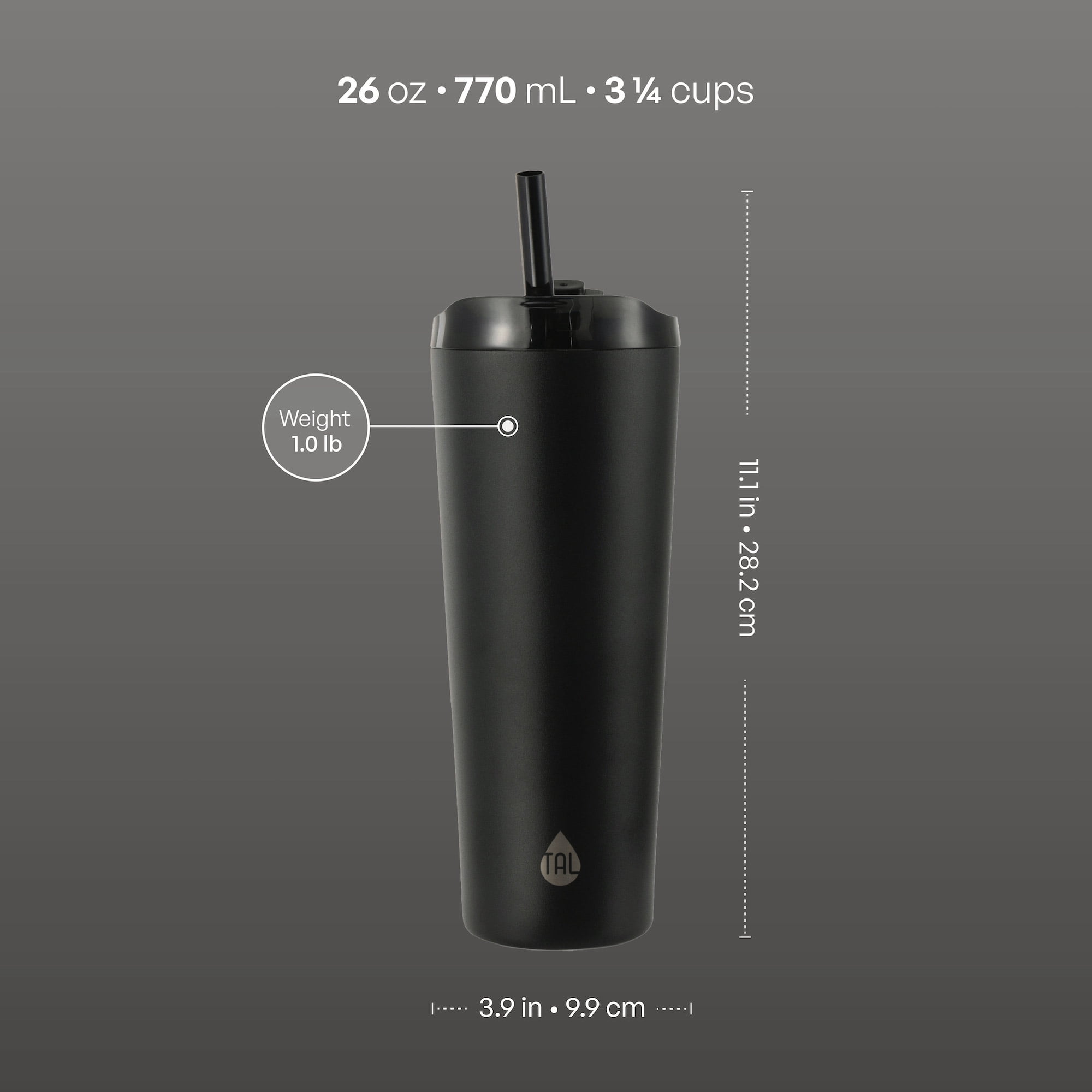 TAL 26oz Stainless Steel Ash Tumbler with Removeable Straw and Sip Lid, Black