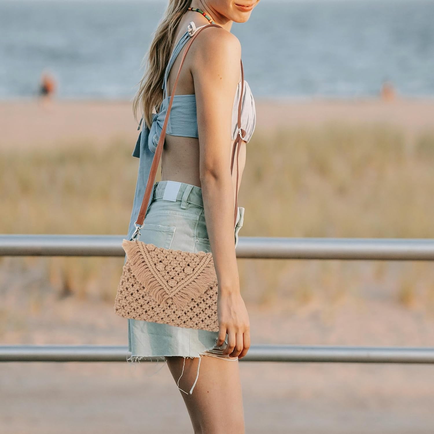 Women Small Cotton Crochet Cross-body Bag Bohemian Shoulder Bag Purse