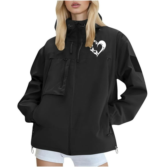 Enjoytime Womens Rain Jacket with Hood Printed Long Sleeve Waterproof Breathable Zip Up Rain Coat Travel Cycling Outdoor Windbreaker Black XXL