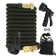 100 Ft Expandable Garden Hose, Latex Water Hose with Holder, No-Kink Lightweight Flexible Hose with 3/4 Inch Solid Fittings, Extra Strong Brass Connectors and 8 Spray Nozzle, Black
