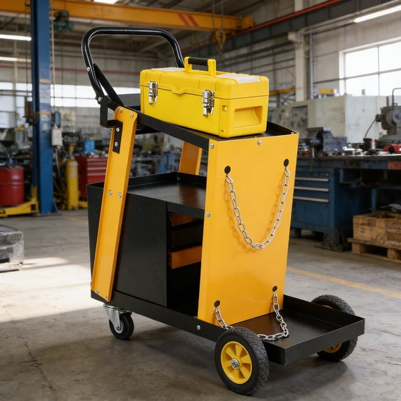 GDF Studio 4-Drawer Welder Trolley, Heavy Duty Plasma Cutter Cart with Safety Chains, Portable Storage, Black Yellow