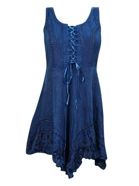 Mogul Women's Blue Dress Top Embroidered Gypsy Criss Cross Laces Boho Chic Dresses