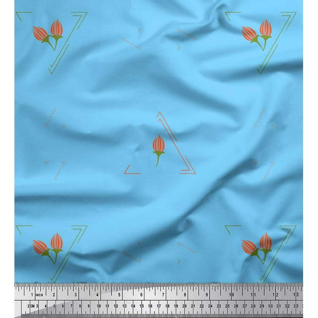 Soimoi Blue polyester Crepe Fabric Flower Buds & Triangle Geometric Print Fabric by Yard 42 Inch Wide