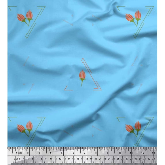 Soimoi Blue polyester Crepe Fabric Flower Buds & Triangle Geometric Decor Fabric Printed Yard 52 Inch Wide