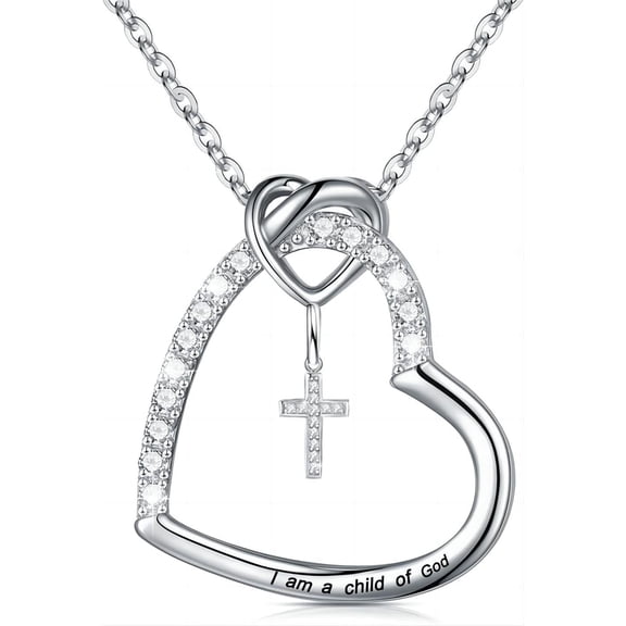 Dorunmo Baptism Cross Necklaces 925 Sterling Silver Heart Cross Necklace Christian Baptism Gifts First Communion Cross Pendant Baptism Jewelry Gifts for Women