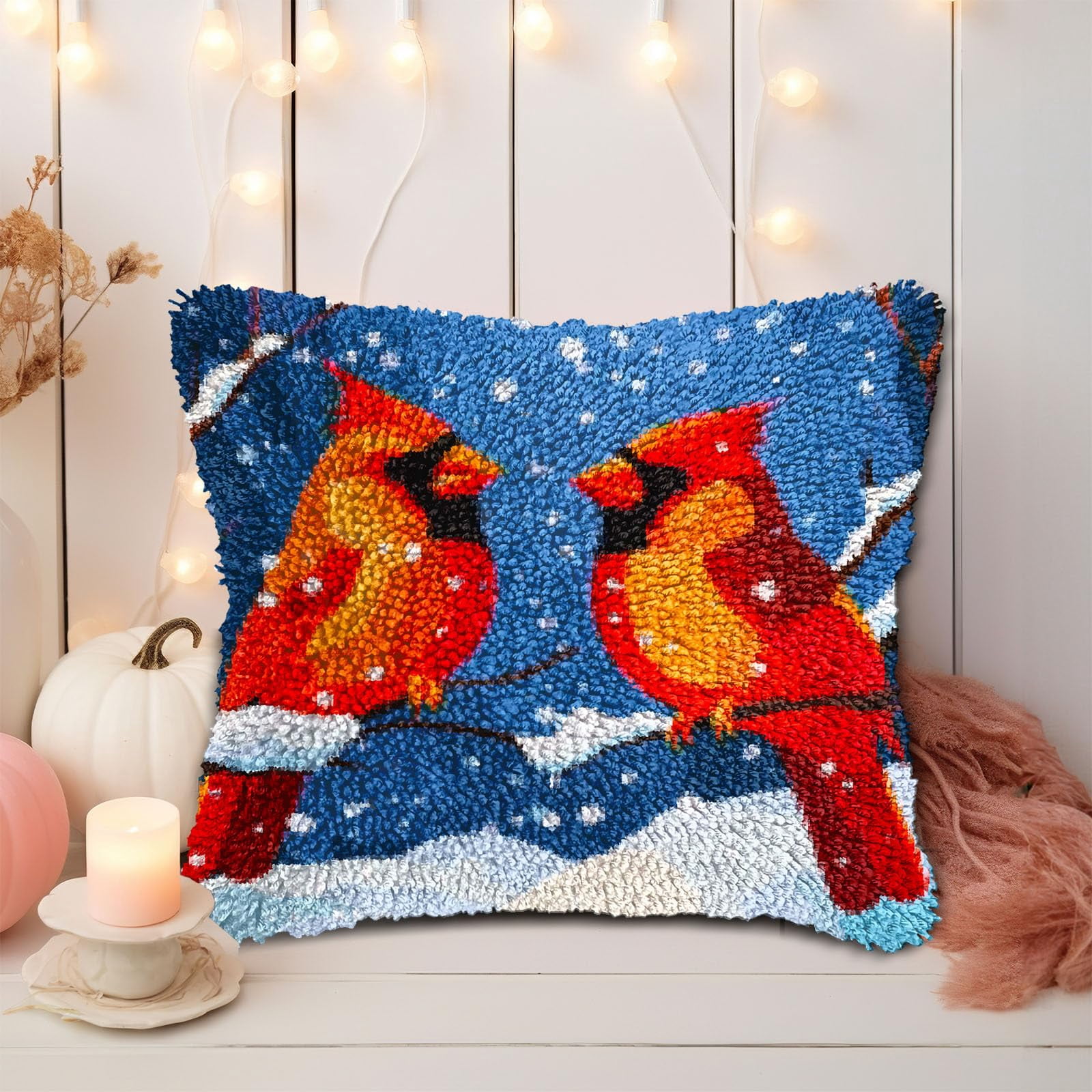 A Pair of Red Cardinal in Snow DIY Latch Hook Pillow Kits for Adults Printed Pillowcase Crochet Yarns Hooking Handmade Pillow Cover Cushion for Home Sofa Decoration 17x17inch