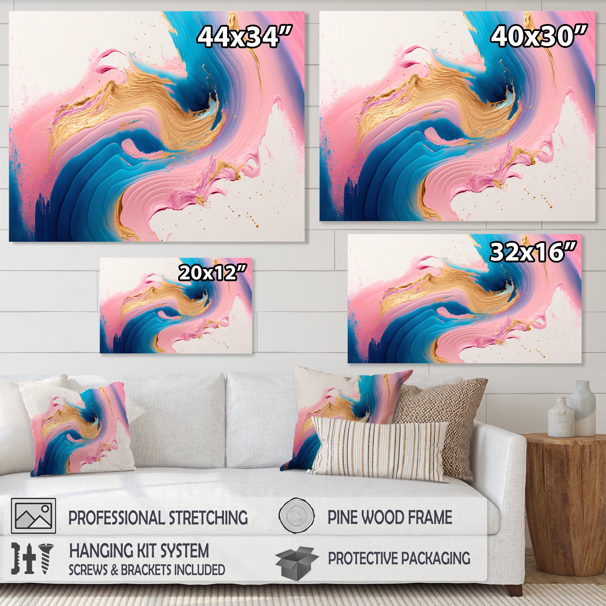 Designart Pink And Gold Waves Canvas Wall Art