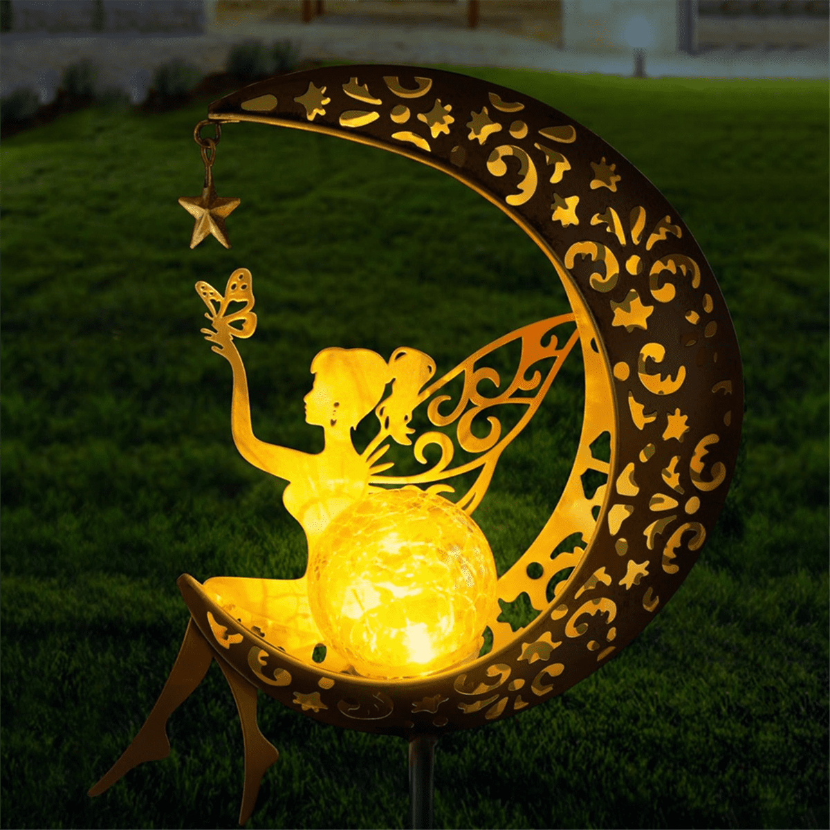 Solar Garden Lamp Statues Outdoor Decor, Fairy Moon Figurine Light Stake, Housewarming Ornament for Patio, Lawn,