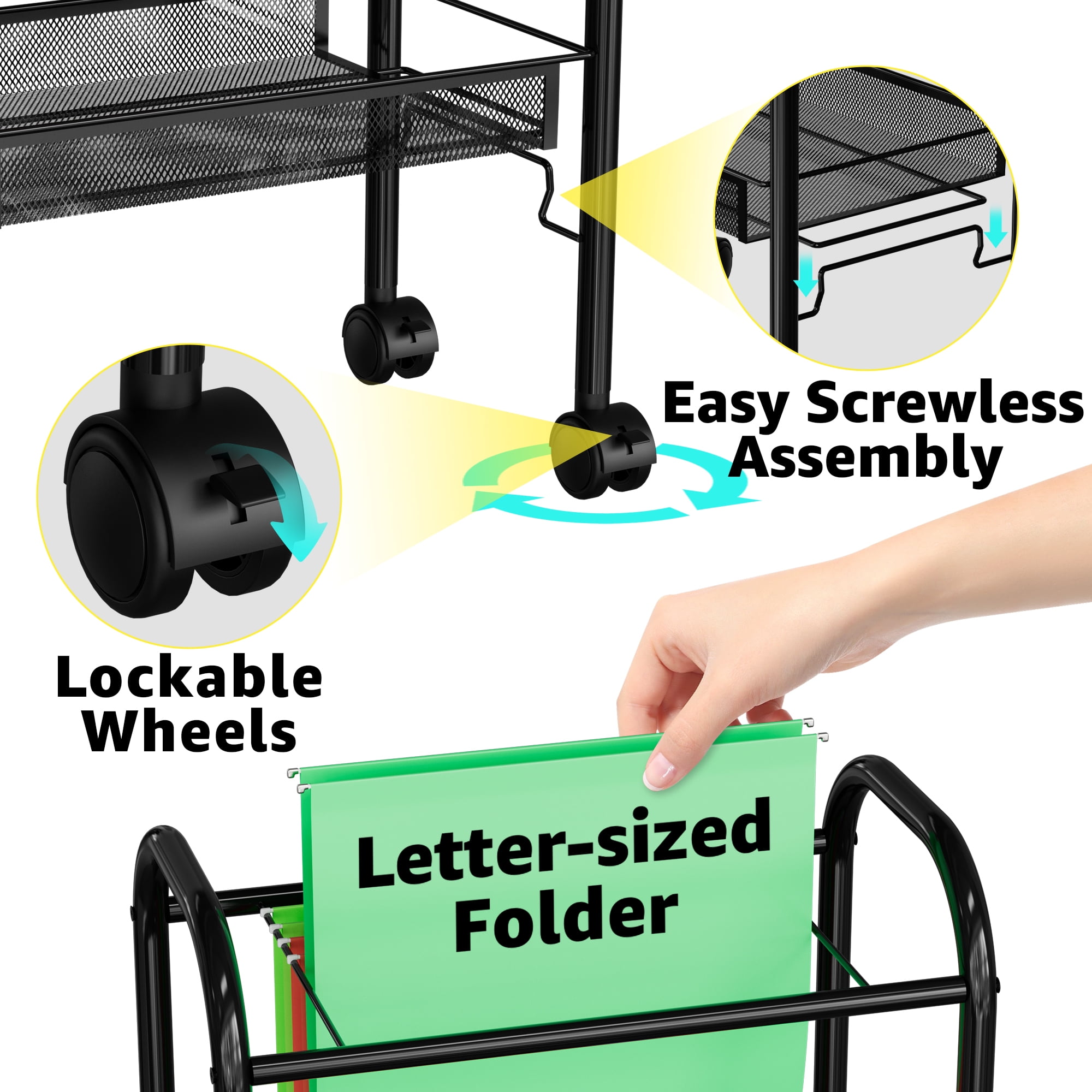 Rolling File Cart WONDERBUY 2-Tier Hanging File Folders, Lockable Wheels and Detachable Wheels Rolling Storage Cart, - Ideal for Office, Home, School.